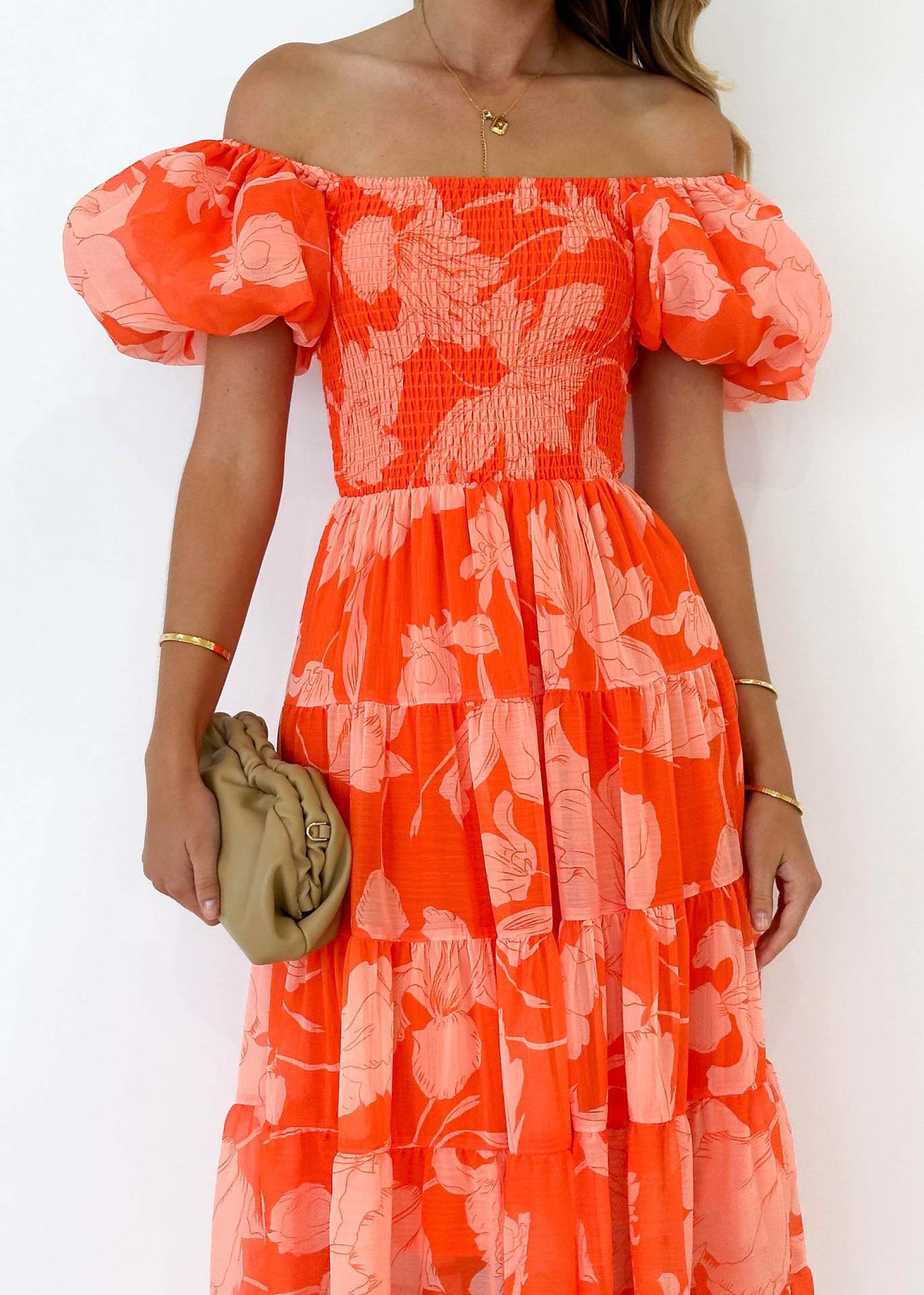 Floral Printed Fit and Flare Flared Sleeve Chiffon Midi Dress