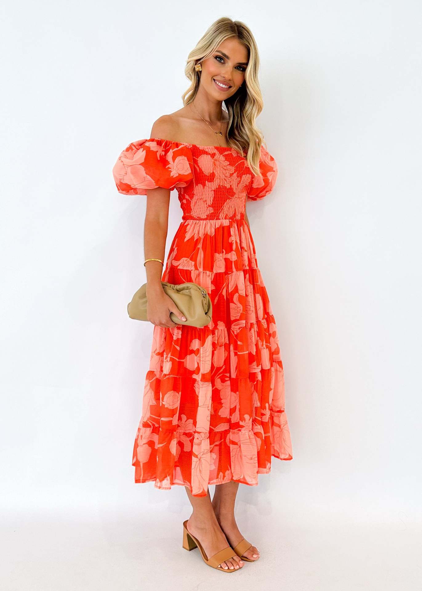 Floral Printed Fit and Flare Flared Sleeve Chiffon Midi Dress