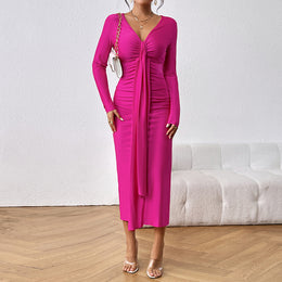 Fuchsia V-Neck Ruched Bodycon Midi Dress