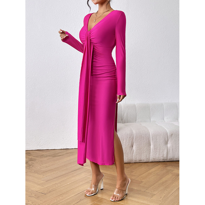 Fuchsia V-Neck Ruched Bodycon Midi Dress