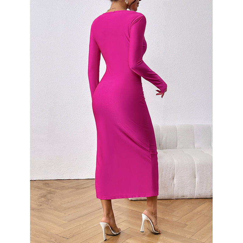 Fuchsia V-Neck Ruched Bodycon Midi Dress