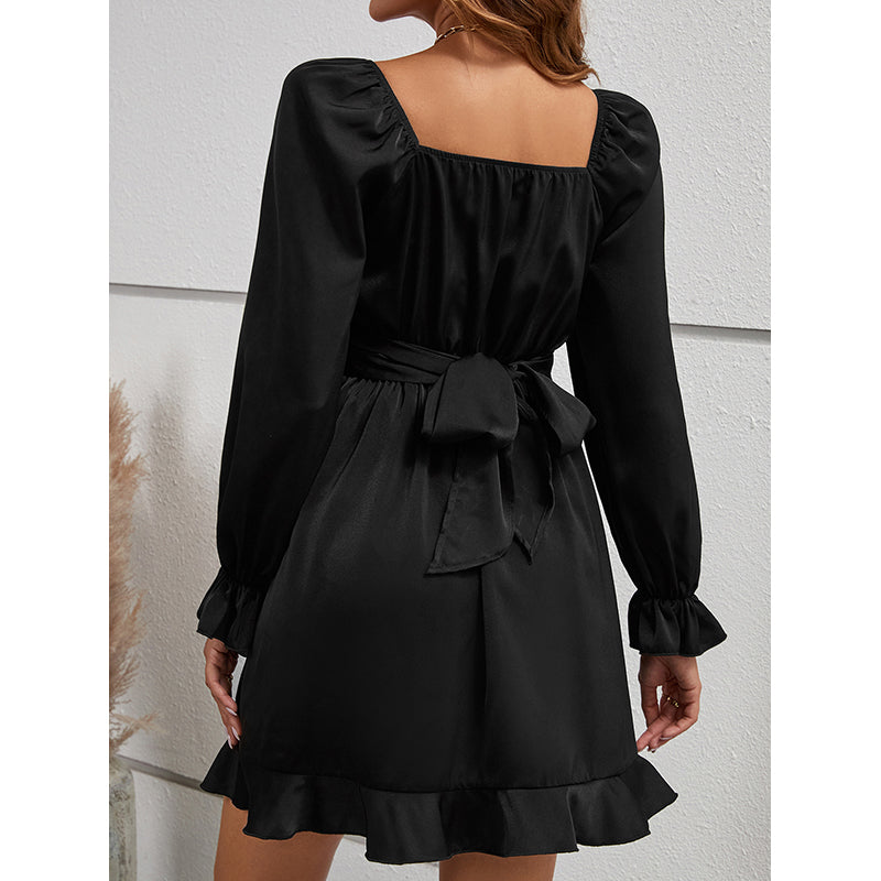 Black Sweetheart Neck Bell Sleeves Ruffled Wrap Mini Dress