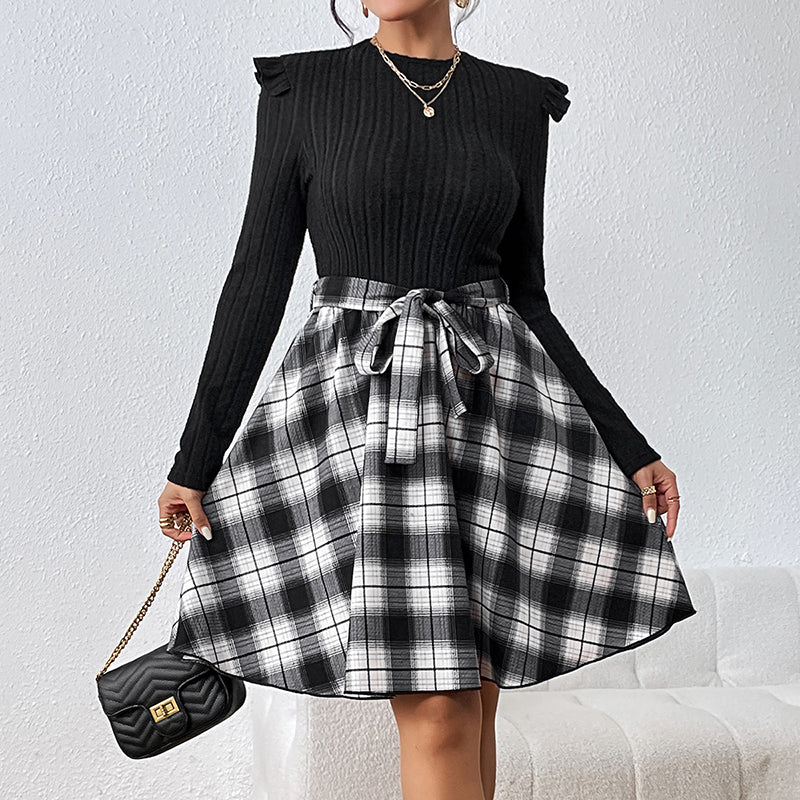 Black Checked Layered Fit & Flare Midi Dress