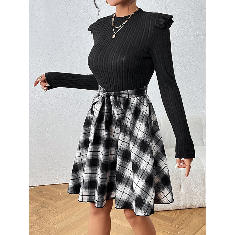 Black Checked Layered Fit & Flare Midi Dress