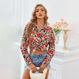 Red Floral Printed Shirt Collar Shirt Style Top