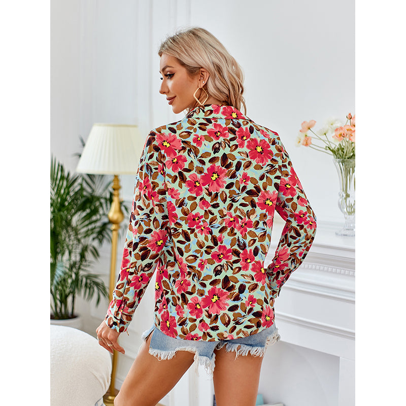 Red Floral Printed Shirt Collar Shirt Style Top