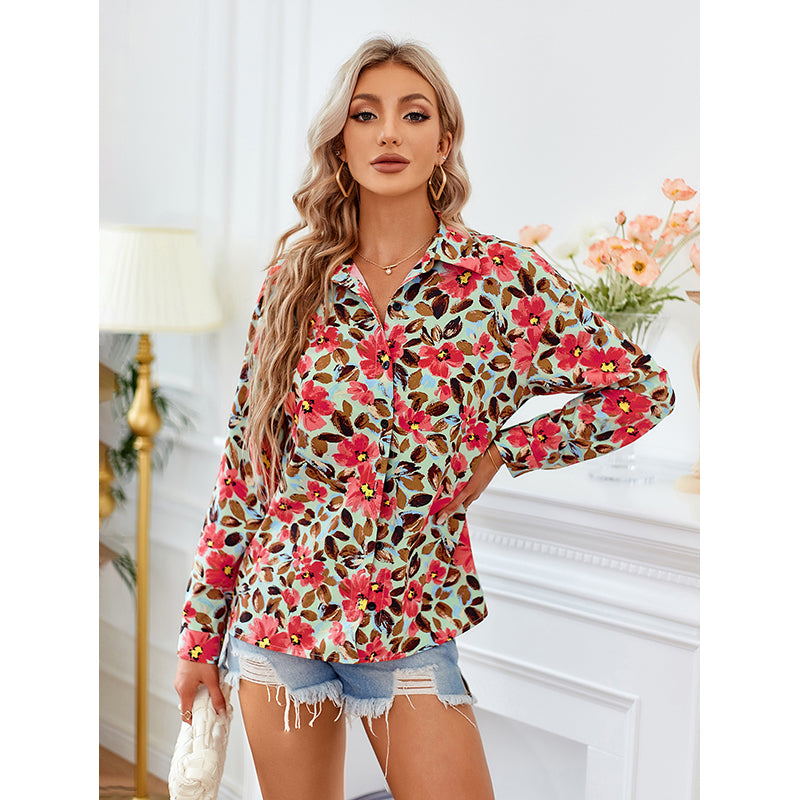 Red Floral Printed Shirt Collar Shirt Style Top