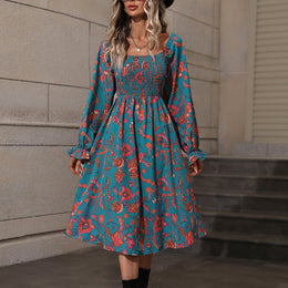 Blue Floral Printed Smocked Bishop Sleeve A-Line Midi Dress