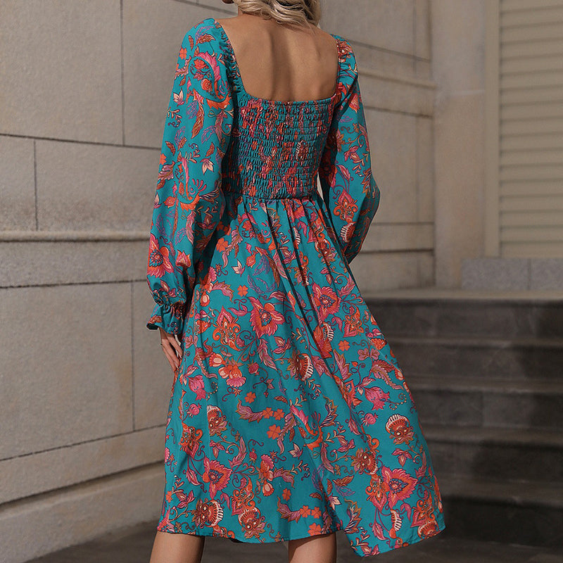 Blue Floral Printed Smocked Bishop Sleeve A-Line Midi Dress