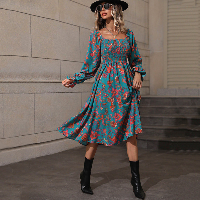 Blue Floral Printed Smocked Bishop Sleeve A-Line Midi Dress