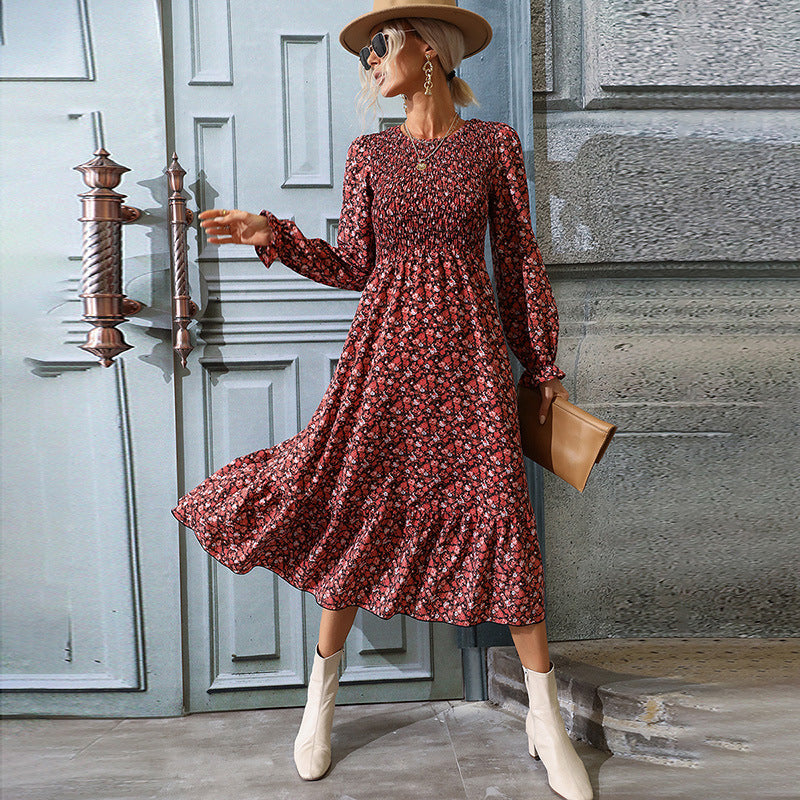 Red Floral Print Cuffed Sleeves Smocked Fit & flare Midi Dress