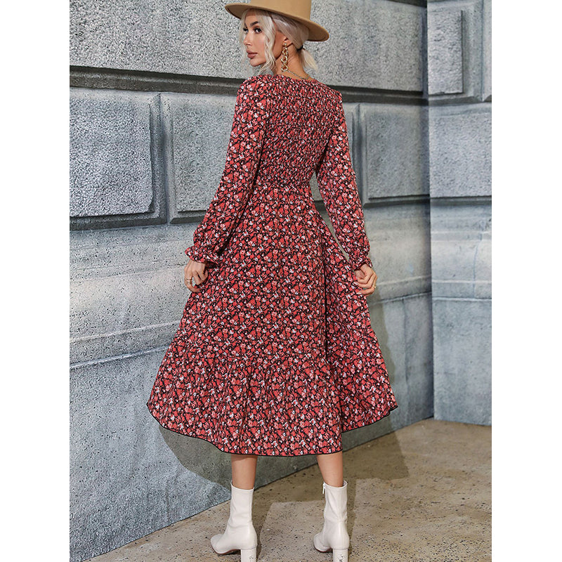 Red Floral Print Cuffed Sleeves Smocked Fit & flare Midi Dress