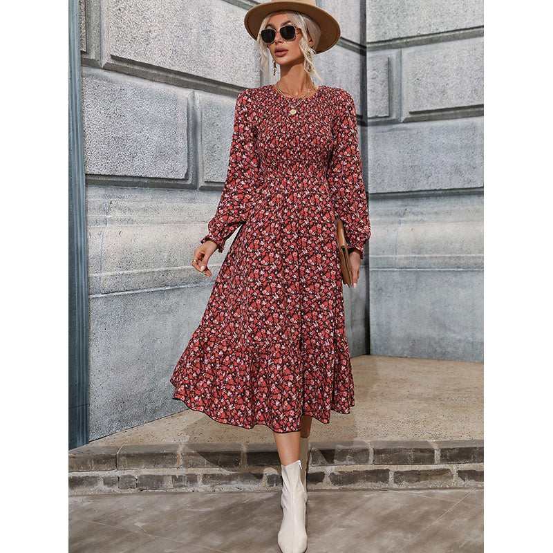 Red Floral Print Cuffed Sleeves Smocked Fit & flare Midi Dress