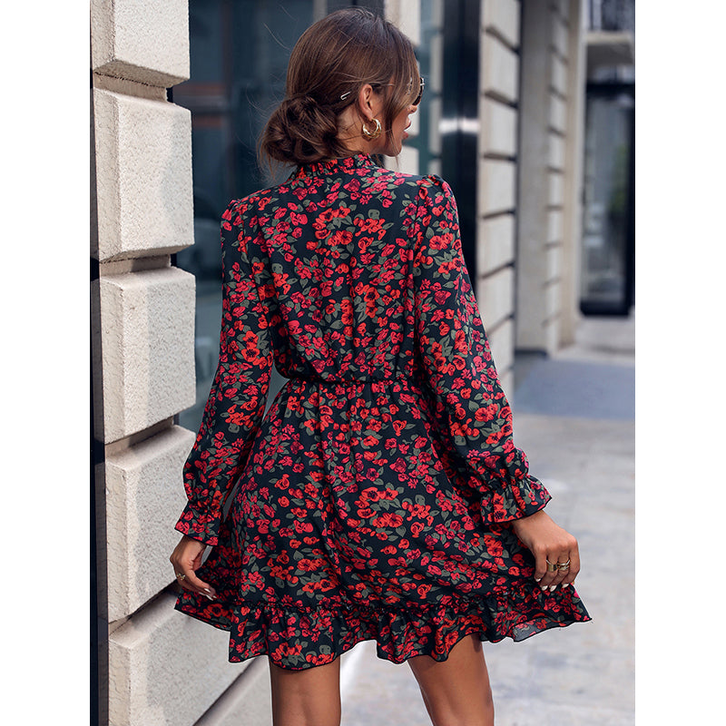 Red Floral Printed Bell Sleeves Layered Dress