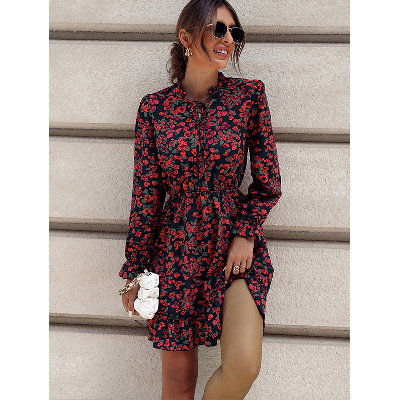 Red Floral Printed Bell Sleeves Layered Dress