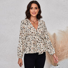 Beige Abstract Printed Puff Sleeves Wrap Top