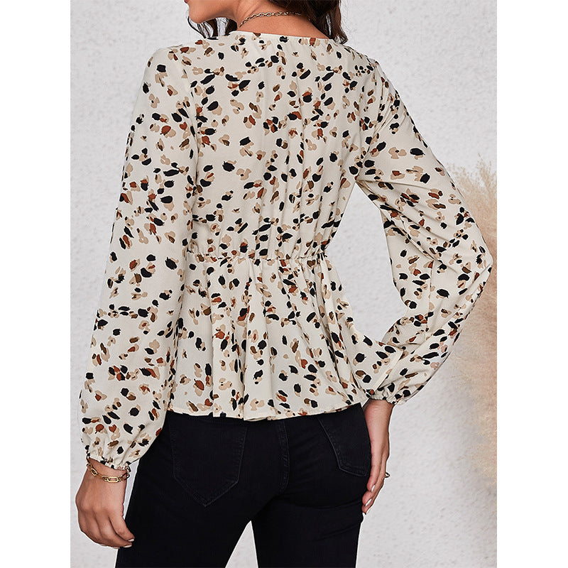 Beige Abstract Printed Puff Sleeves Wrap Top