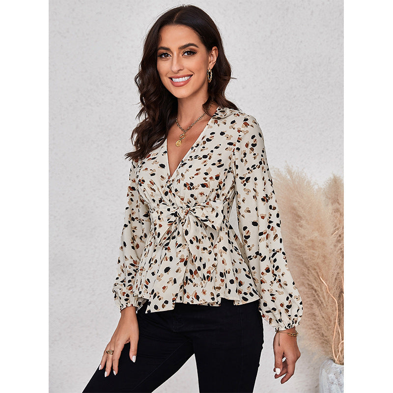 Beige Abstract Printed Puff Sleeves Wrap Top
