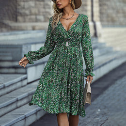 Green & pine tree Print Puff Sleeve Fit & Flare Dress