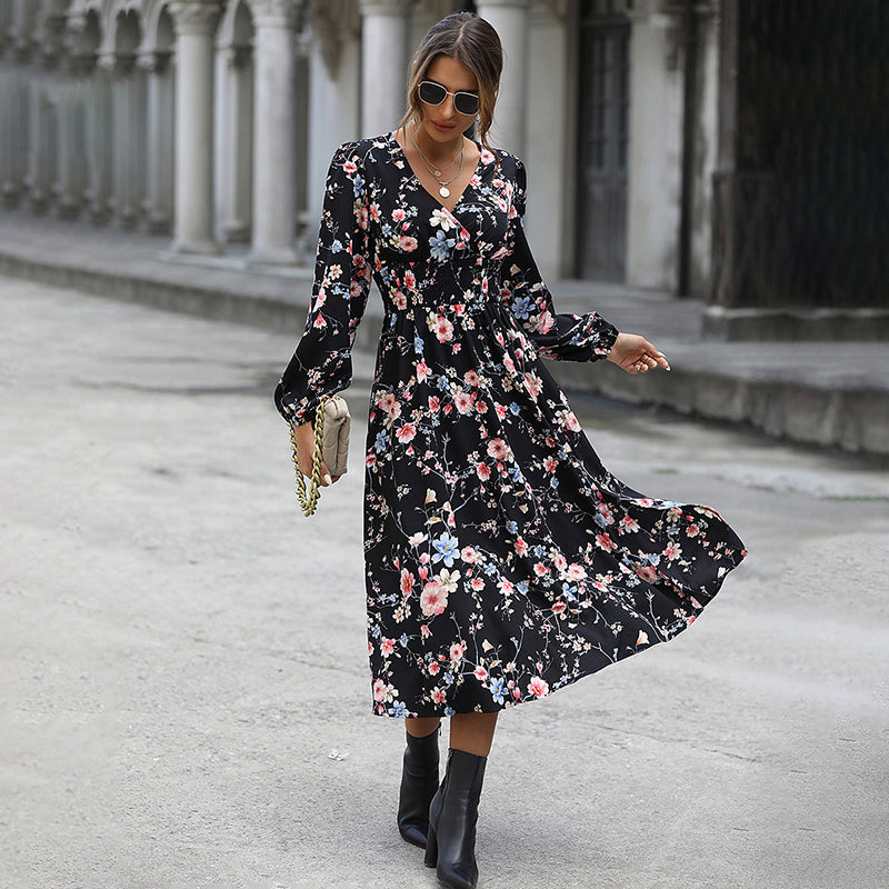 Black Floral Printed A-Line Midi Dress
