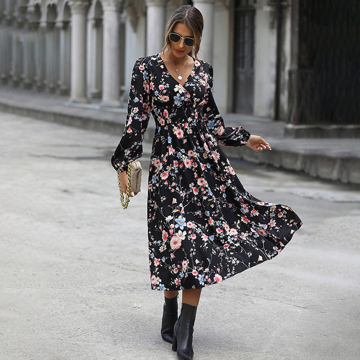 Black Floral Printed A-Line Midi Dress