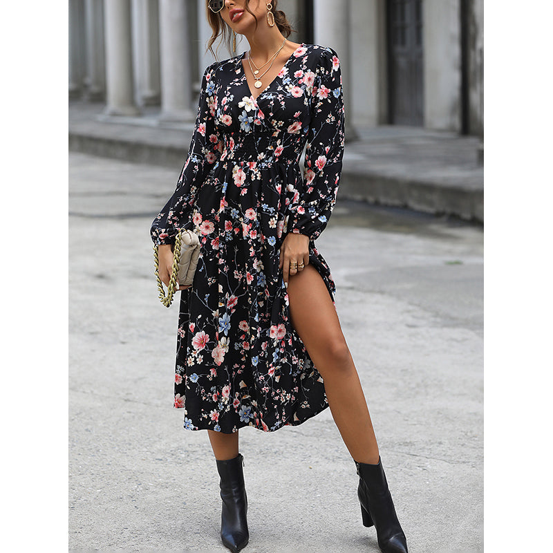 Black Floral Printed A-Line Midi Dress