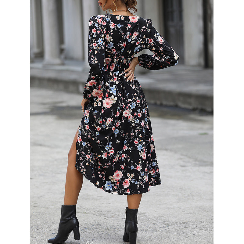 Black Floral Printed A-Line Midi Dress