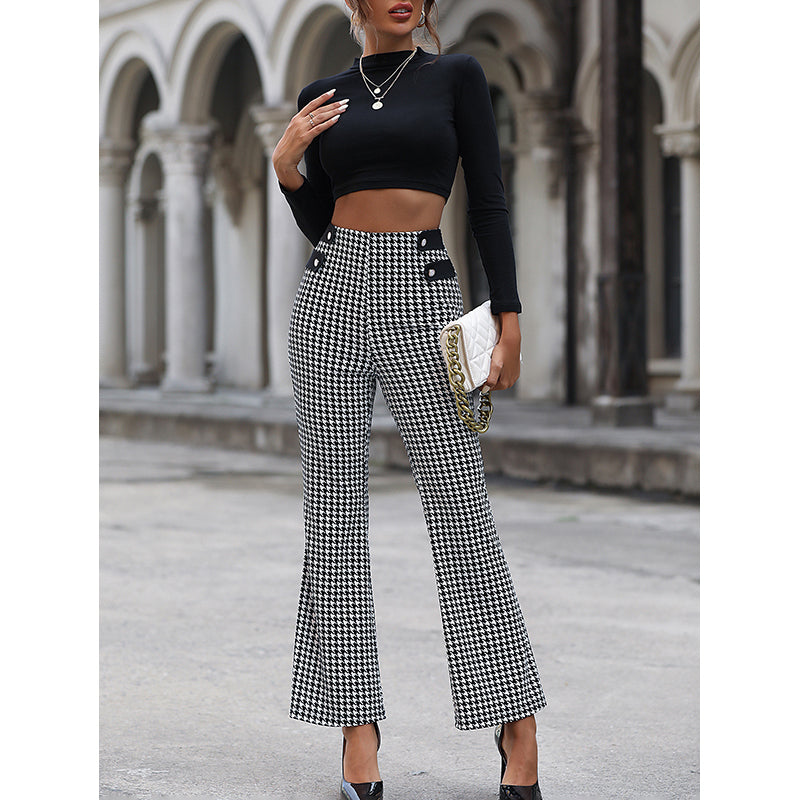 Women Black Checked Slim Fit High-Rise Trousers
