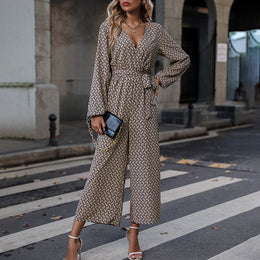 Beige Printed V-Neck Long Sleeves Waist Tie-Ups Basic Jumpsuit
