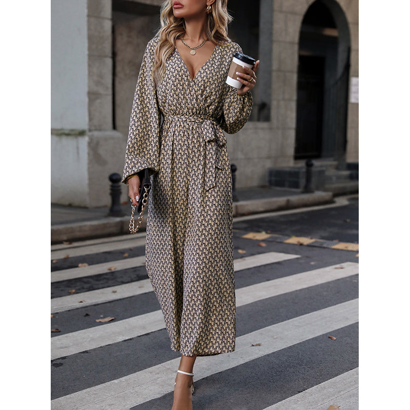 Beige Printed V-Neck Long Sleeves Waist Tie-Ups Basic Jumpsuit