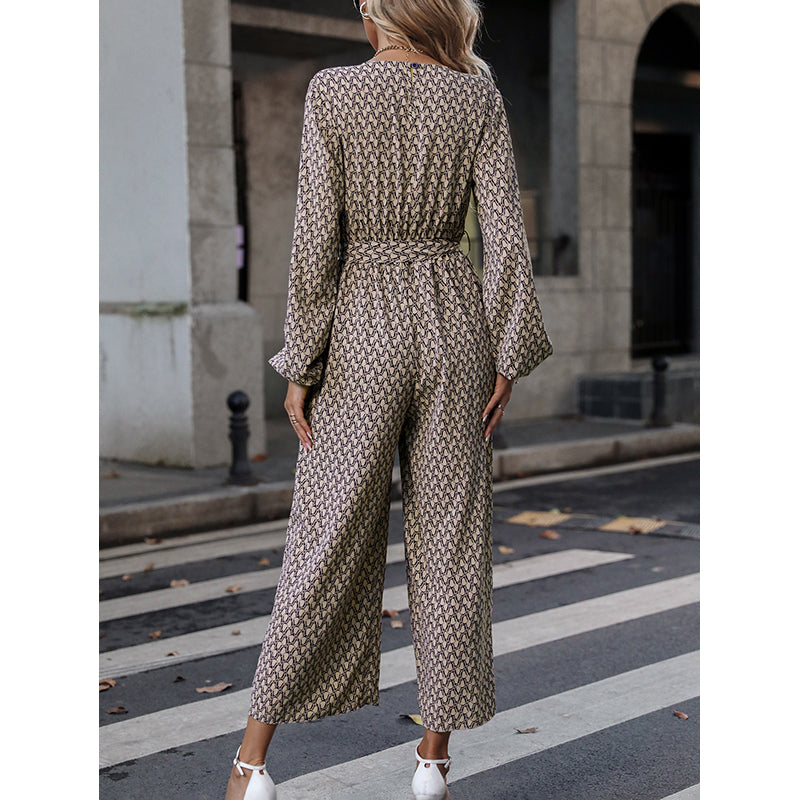 Beige Printed V-Neck Long Sleeves Waist Tie-Ups Basic Jumpsuit