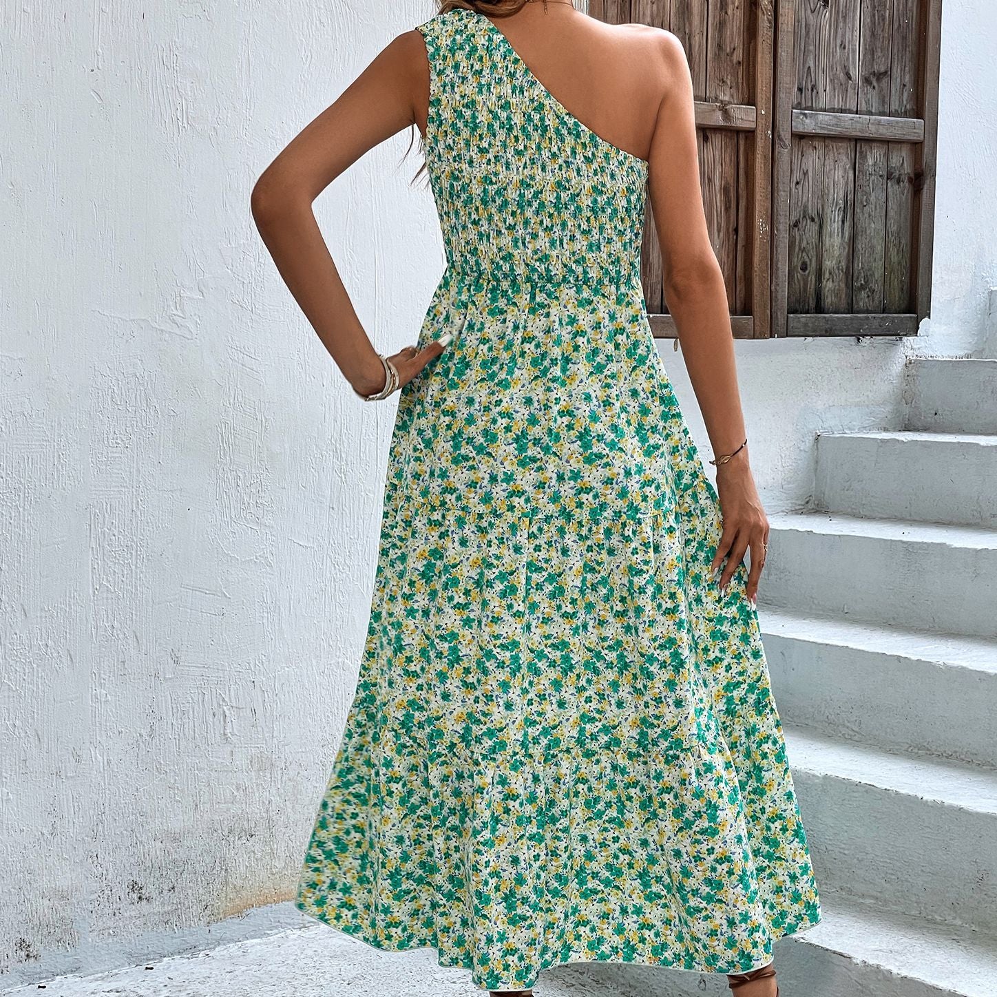 Green Floral Printed One Shoulder Maxi Dress