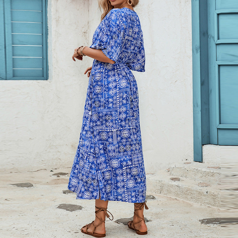Floral Print Short Sleeves V-Neck Maxi Dress