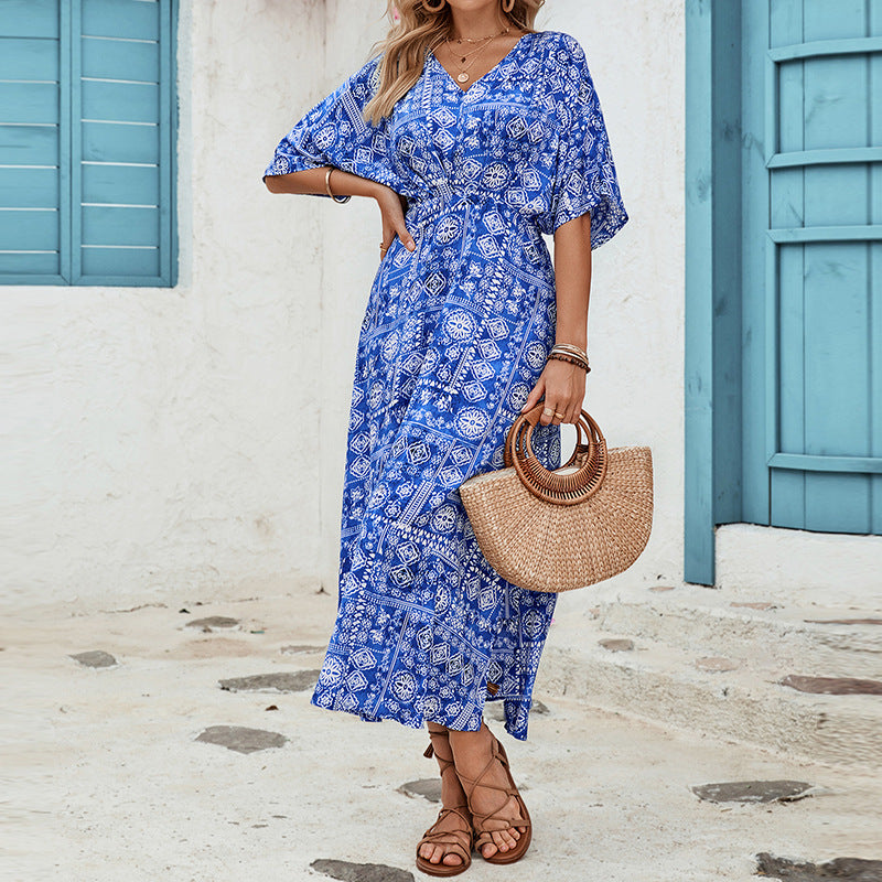 Floral Print Short Sleeves V-Neck Maxi Dress