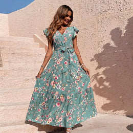 Sea Green Floral Printed Flutter Sleeve Tiered Fit and Flare Maxi Dress