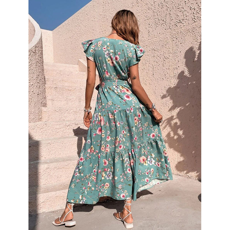 Sea Green Floral Printed Flutter Sleeve Tiered Fit and Flare Maxi Dress