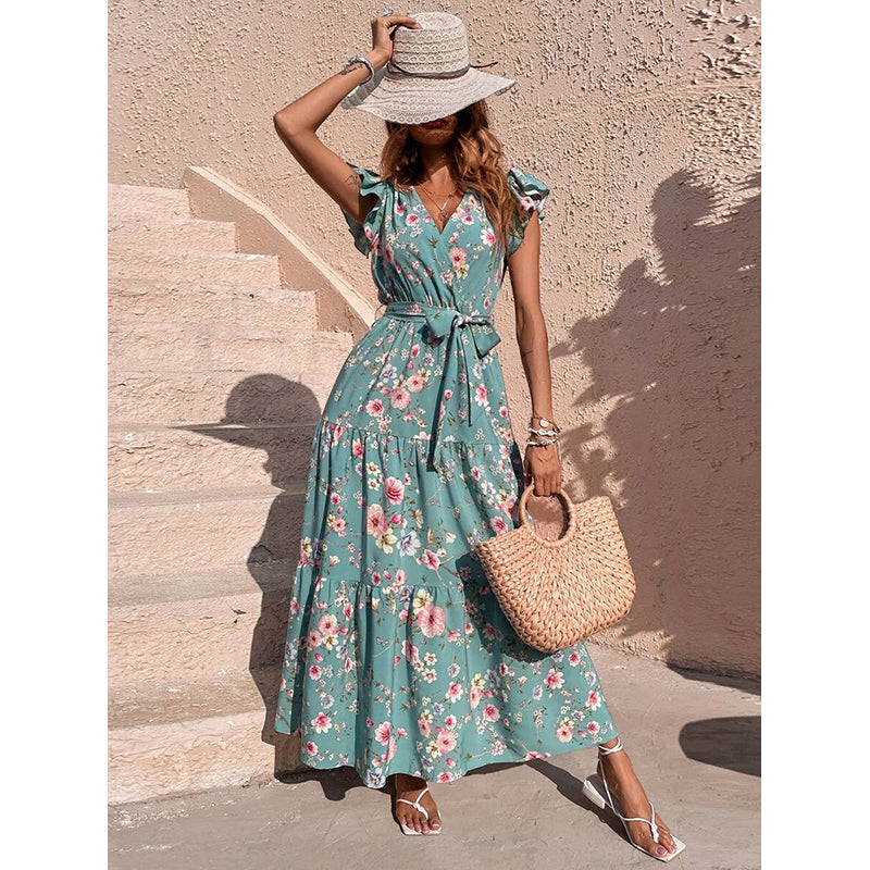 Sea Green Floral Printed Flutter Sleeve Tiered Fit and Flare Maxi Dress