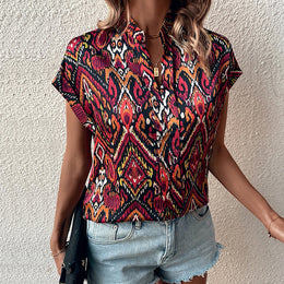 Geometric Print Shirt Collar Short Sleeve Top