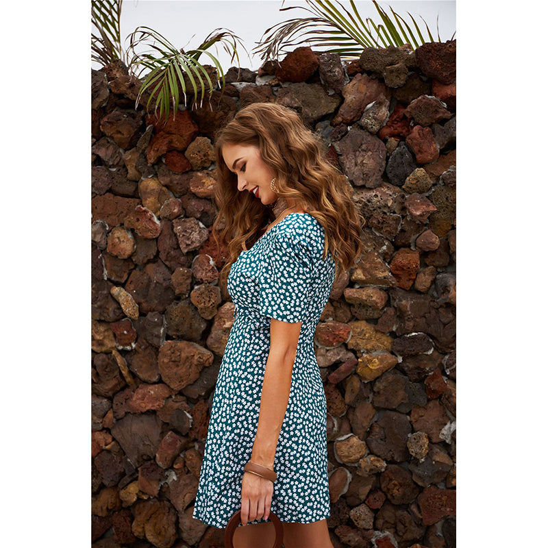 Green Polka Dot Printed Puff Sleeve A-Line Mini Dress