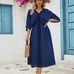 Blue V-Neck Kimono Sleeves Ruffles A-Line Midi Dress
