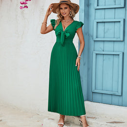 Green V-Neck Flutter Sleeves Accordion Pleated Maxi Dress