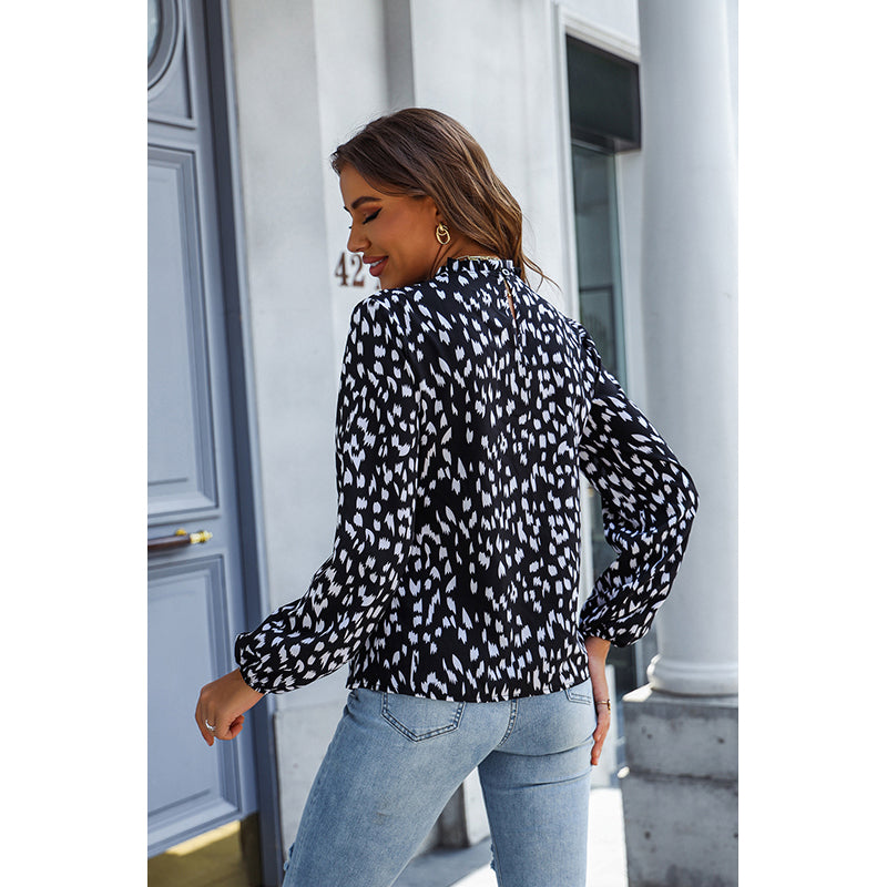 Black Abstract Printed High Neck Puff Sleeves Top