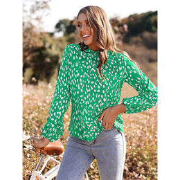 Green & White Print Puff Sleeve Top