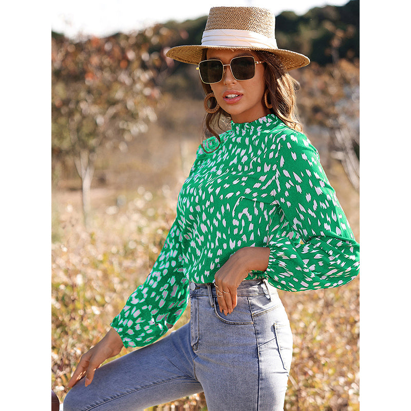 Green & White Print Puff Sleeve Top