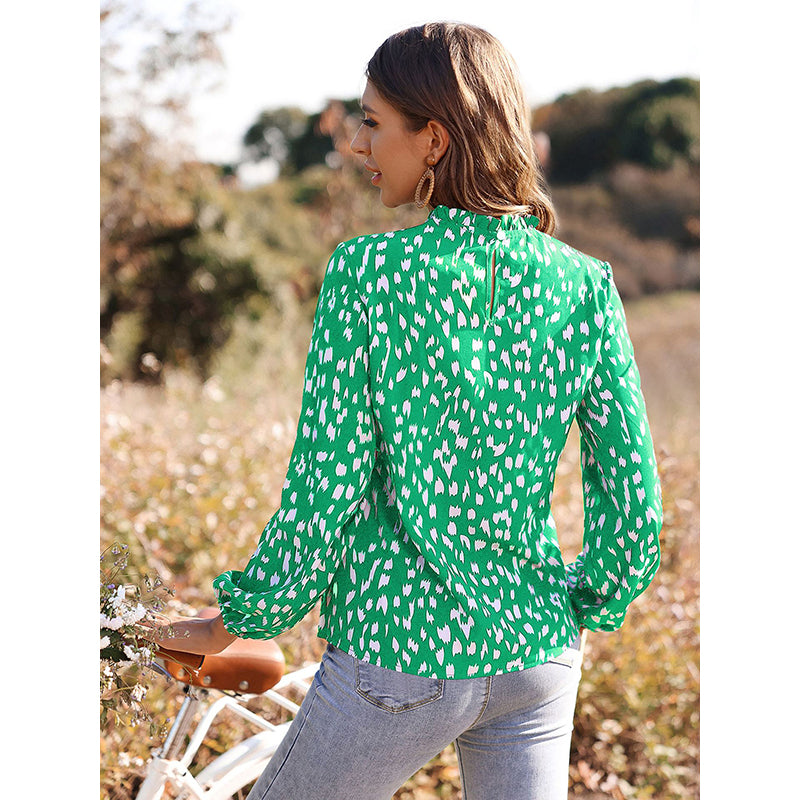 Green & White Print Puff Sleeve Top