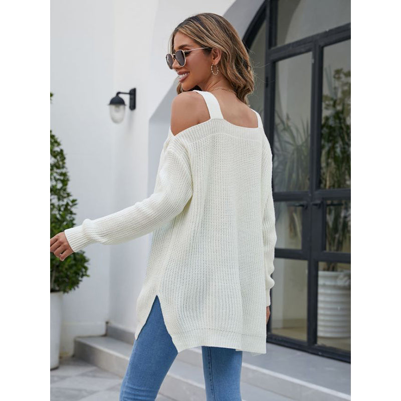 White Self Design Open Knit Square Neck Acrylic Longline Pullover Sweater