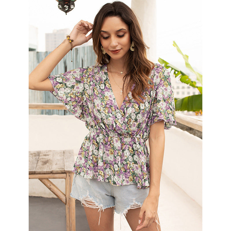 Floral Printed Peplum V-Neck Top