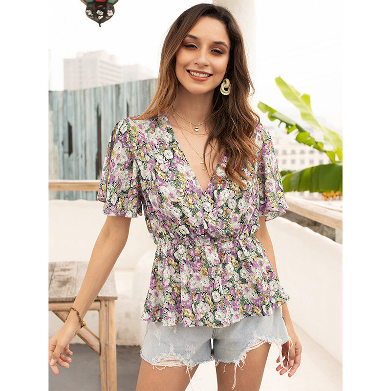 Floral Printed Peplum V-Neck Top