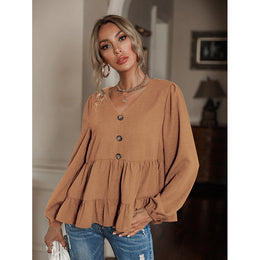 Khaki Puff Sleeve Gathered Regular Top