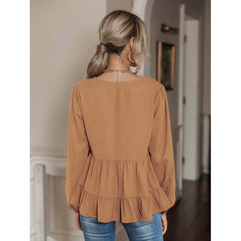 Khaki Puff Sleeve Gathered Regular Top